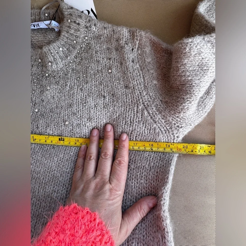 ZARA Beige Gray Rhinestone Knit Sweater Size S Wool Blend NWT
